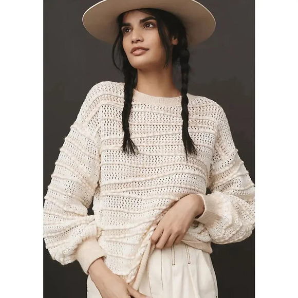 Womens Fall Sweater Anthropologie Pullover Open-Stitch Ivory Neutral XS New 1399 - Picture 1 of 10